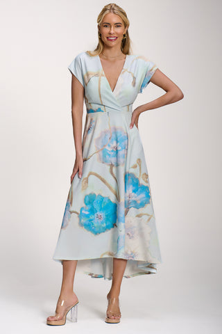 Printed Scuba Dipped Hem Midi Dress, Blue Floral