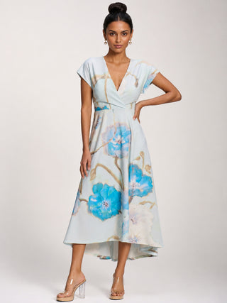 Printed Scuba Dipped Hem Midi Dress, Blue Floral