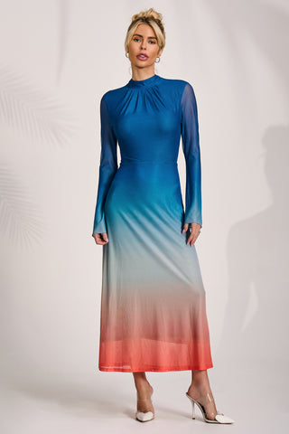 Long Sleeve High Neck Mesh Dress, Orange Multi