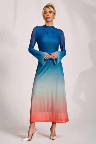 Long Sleeve High Neck Mesh Dress, Orange Multi