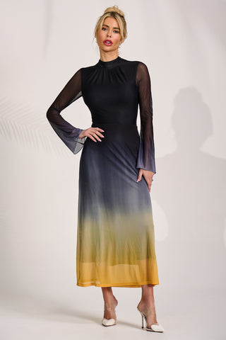 Long Sleeve High Neck Mesh Dress, Yellow Multi