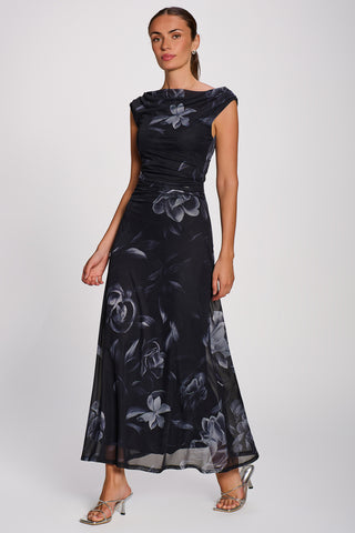 Multiway Neckline Mesh Maxi Dress, Black Floral