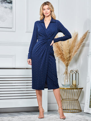 Spot Print Wrap Midi Shirt Dress, Navy Spot