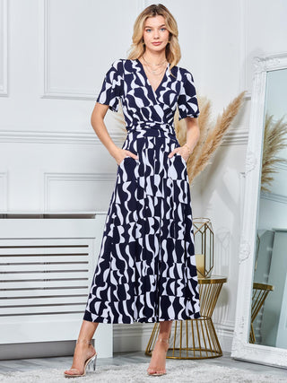 Print Angel Sleeve Jersey Maxi Dress, Navy Pattern