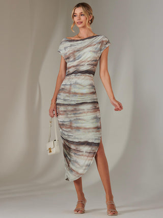 Lois Off-Shoulder Bodycon Dress, Brown Abstract