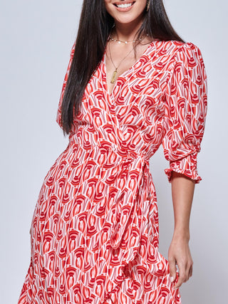 Ellie Crepe Wrap Puff Sleeve Midi Dress, Red Geo