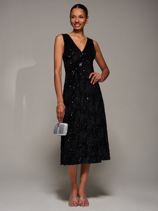 V-Neck Sequin Embellished Velvet Midi Dress, Black