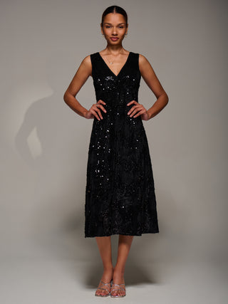 V-Neck Sequin Embellished Velvet Midi Dress, Black