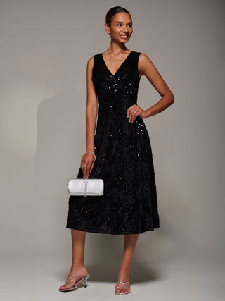 V-Neck Sequin Embellished Velvet Midi Dress, Black