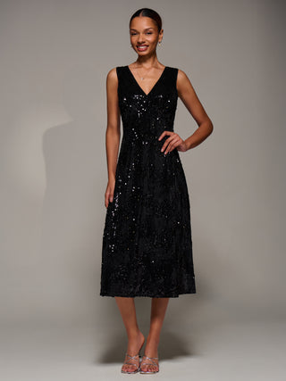 V-Neck Sequin Embellished Velvet Midi Dress, Black