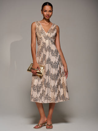 V-Neck Sequin Embellished Velvet Midi Dress, Gold