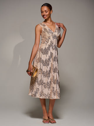 V-Neck Sequin Embellished Velvet Midi Dress, Gold