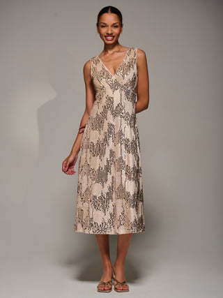 V-Neck Sequin Embellished Velvet Midi Dress, Gold