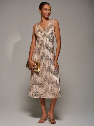 V-Neck Sequin Embellished Velvet Midi Dress, Gold