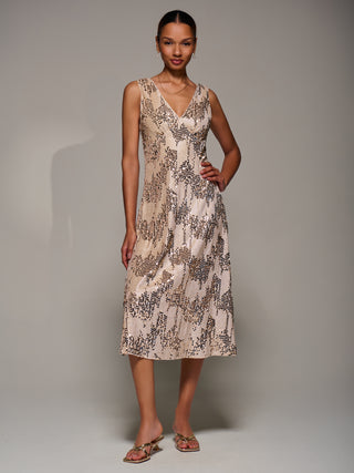 V-Neck Sequin Embellished Velvet Midi Dress, Gold