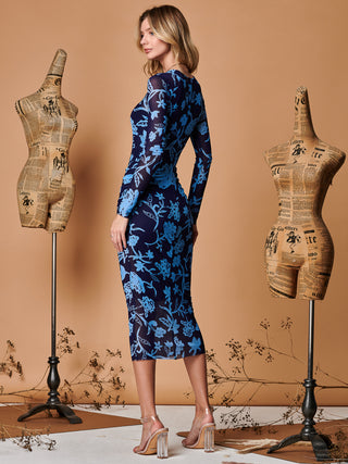 Long Sleeve Mesh Bodycon Maxi Dress, Navy Floral