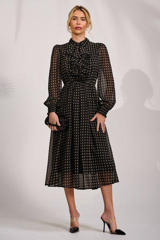 Chiffon Print Ruffled Shirt Dress, Black Paisley