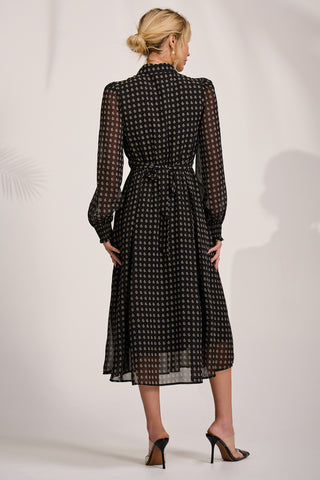 Chiffon Print Ruffled Shirt Dress, Black Paisley