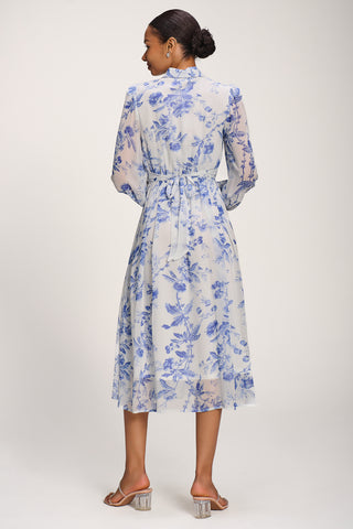 Chiffon Print Ruffled Shirt Dress, White Floral