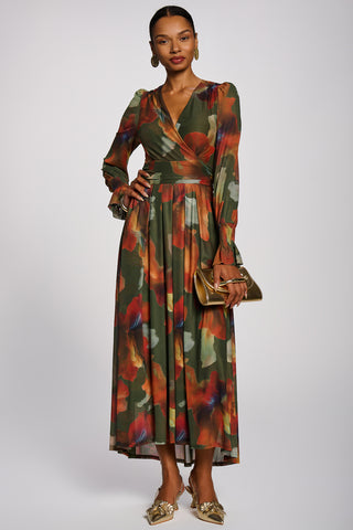 Long Sleeve V Neck Mesh Maxi Dress, Green Floral