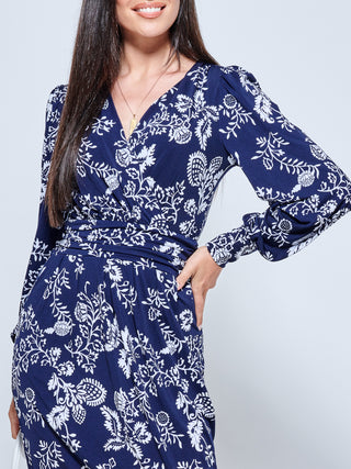 Long Sleeve Jersey Pegged Dress, Navy Floral