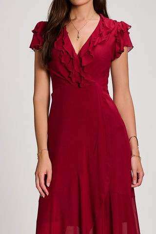Ruffled Mesh Maxi Dress, Burgundy