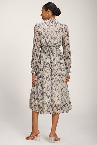 Chiffon Ruffle Long Sleeve Shirt Dress, White Geo