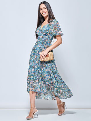 Pleated Chiffon High Low Maxi Dress, Teal Floral