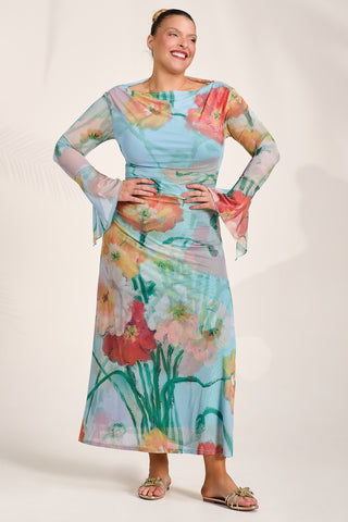 Long Sleeve Slash Neck Mesh Maxi Dress, Blue Floral