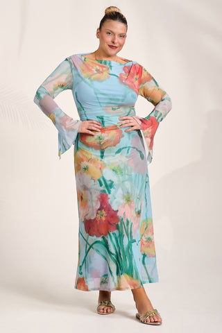 Long Sleeve Slash Neck Mesh Maxi Dress, Blue Floral