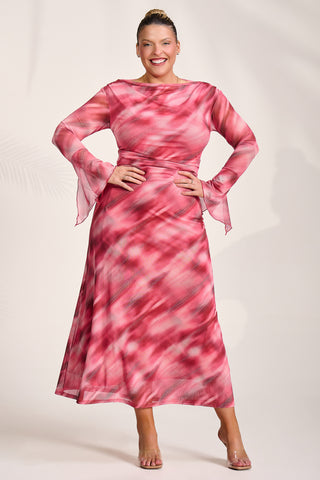 Long Sleeve Slash Neck Mesh Maxi Dress, Pink Abstract