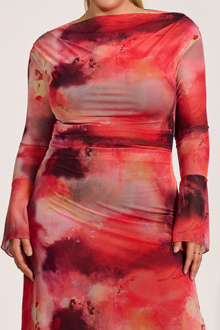 Long Sleeve Slash Neck Mesh Maxi Dress, Red Abstract