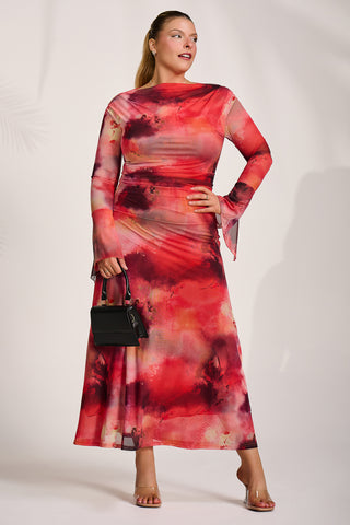 Long Sleeve Slash Neck Mesh Maxi Dress, Red Abstract