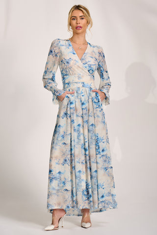 Long Sleeve V Neck Mesh Maxi Dress, Cream Floral