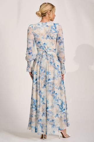 Long Sleeve V Neck Mesh Maxi Dress, Cream Floral