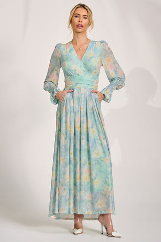 Long Sleeve V Neck Mesh Maxi Dress, Green Abstract