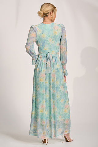 Long Sleeve V Neck Mesh Maxi Dress, Green Abstract