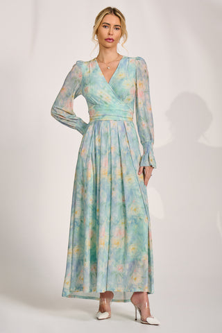 Long Sleeve V Neck Mesh Maxi Dress, Green Abstract