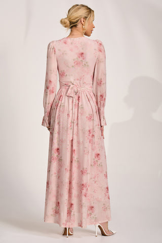 Long Sleeve V Neck Mesh Maxi Dress, Pink Floral