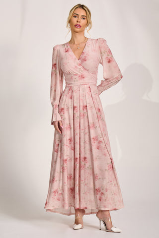 Long Sleeve V Neck Mesh Maxi Dress, Pink Floral