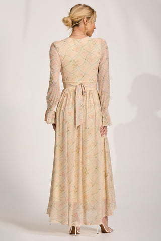 Long Sleeve V Neck Mesh Maxi Dress, Yellow Abstract