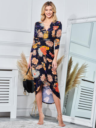 Long Sleeve Wrap Front Bodycon Dress, Navy Orange Floral
