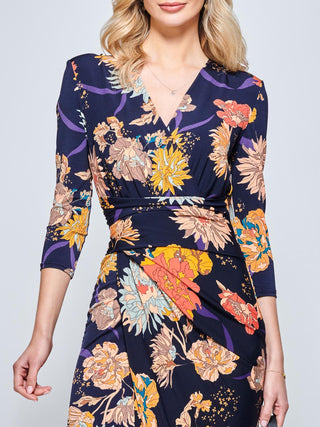 Long Sleeve Wrap Front Bodycon Dress, Navy Orange Floral
