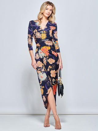 Long Sleeve Wrap Front Bodycon Dress, Navy Orange Floral