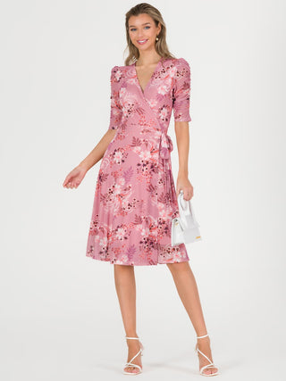 Elodea Mesh Ruched Sleeve Wrap Dress, Pink Floral