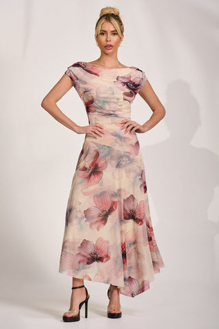 Asymmetrical Draped Mesh Maxi Dress, Beige Floral