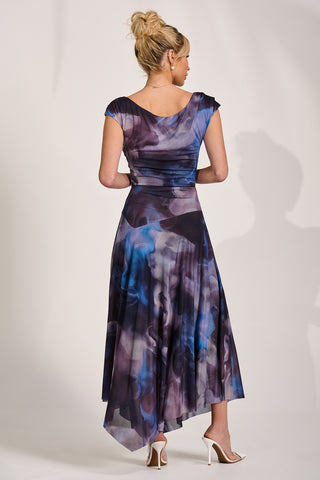 Asymmetrical Draped Mesh Maxi Dress, Blue Abstract