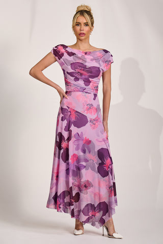Asymmetrical Draped Mesh Maxi Dress, Pink Floral
