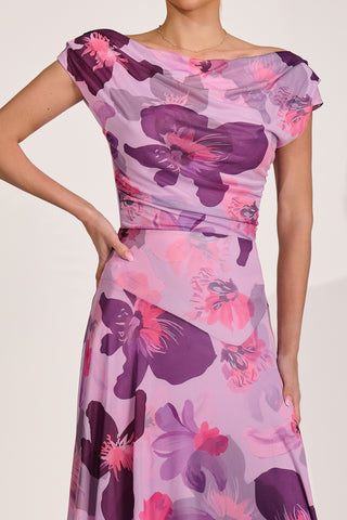 Asymmetrical Draped Mesh Maxi Dress, Pink Floral