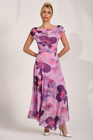 Asymmetrical Draped Mesh Maxi Dress, Pink Floral